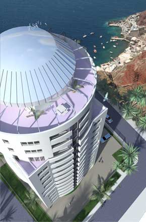 Apartamentowiec Sun Tower umieszczony na Santorini